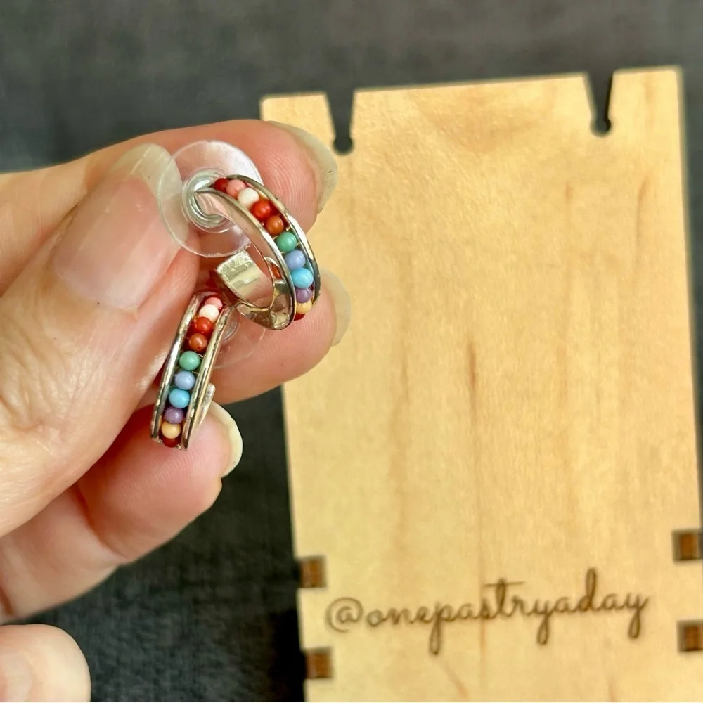 Macy’s Vintage Silver and Colorful Beaded Half Hoop Stud Earrings